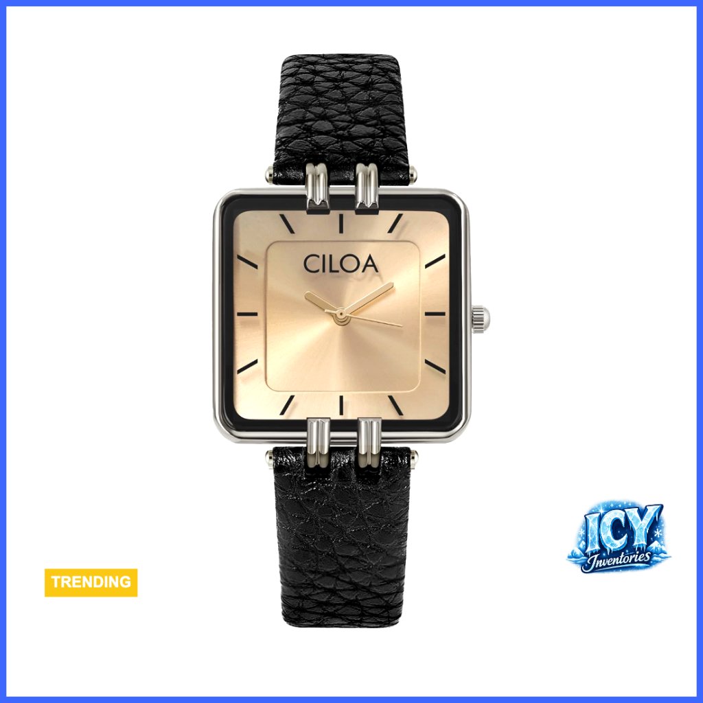 Gold-Tone Stainless Steel Case Black Leather Strap Square Watch